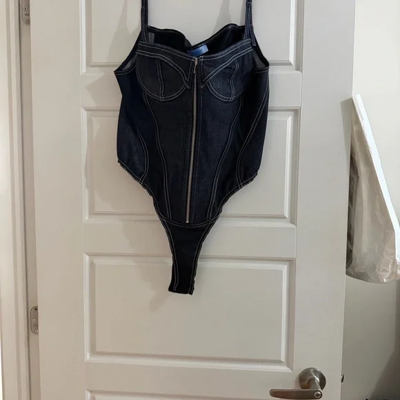 Mugler blue & black paneled denim bodysuit - Picture 3 of 3